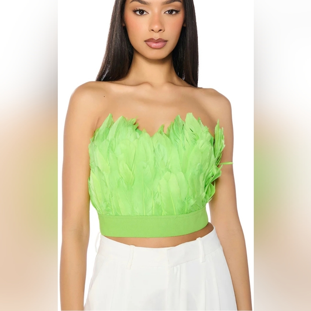 AKIRA Green Feathered Strapless Top